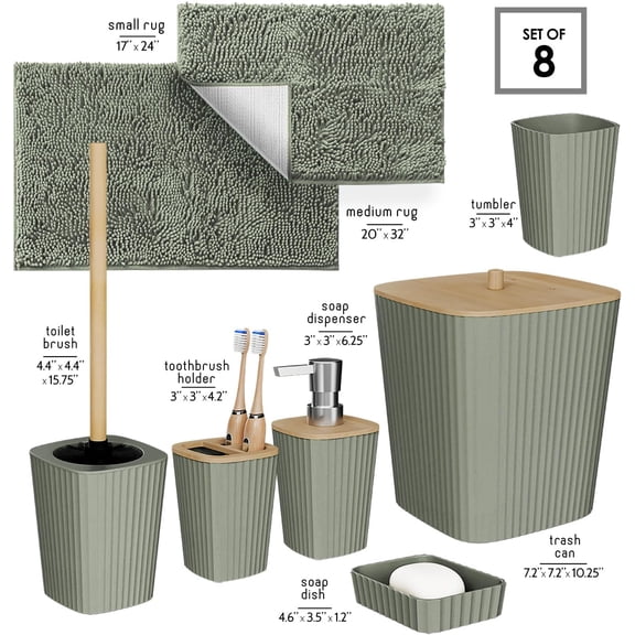 Sage Green Bathroom Accessory Set with Rugs and Bamboo Accents - Complete 8-Piece Spa Collection