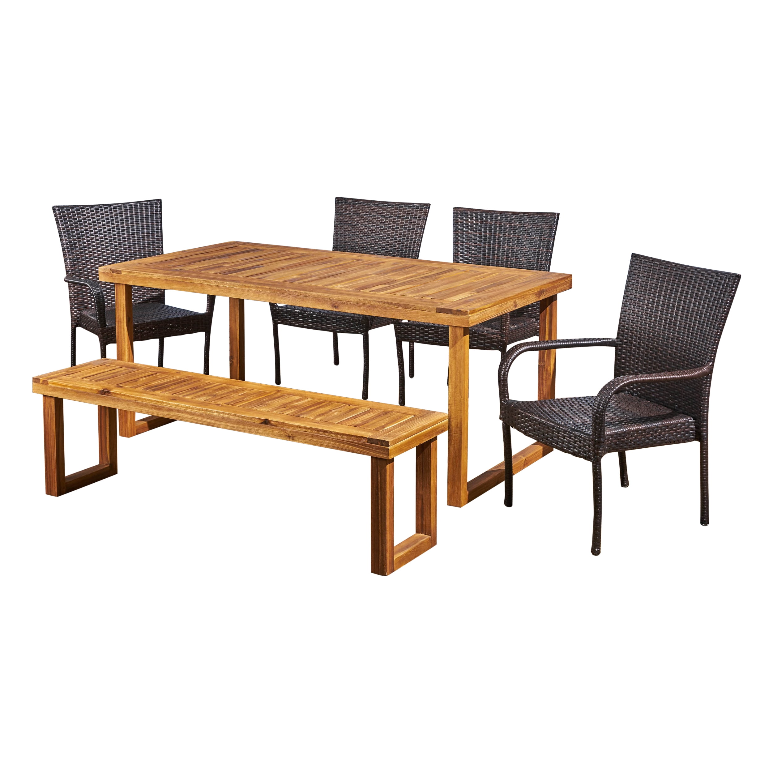 Zoe Outdoor 6 Piece Acacia Wood Dining Set with Bench and Wicker Stackable Chairs, Sandblast Natural Stained, Multi-Brown