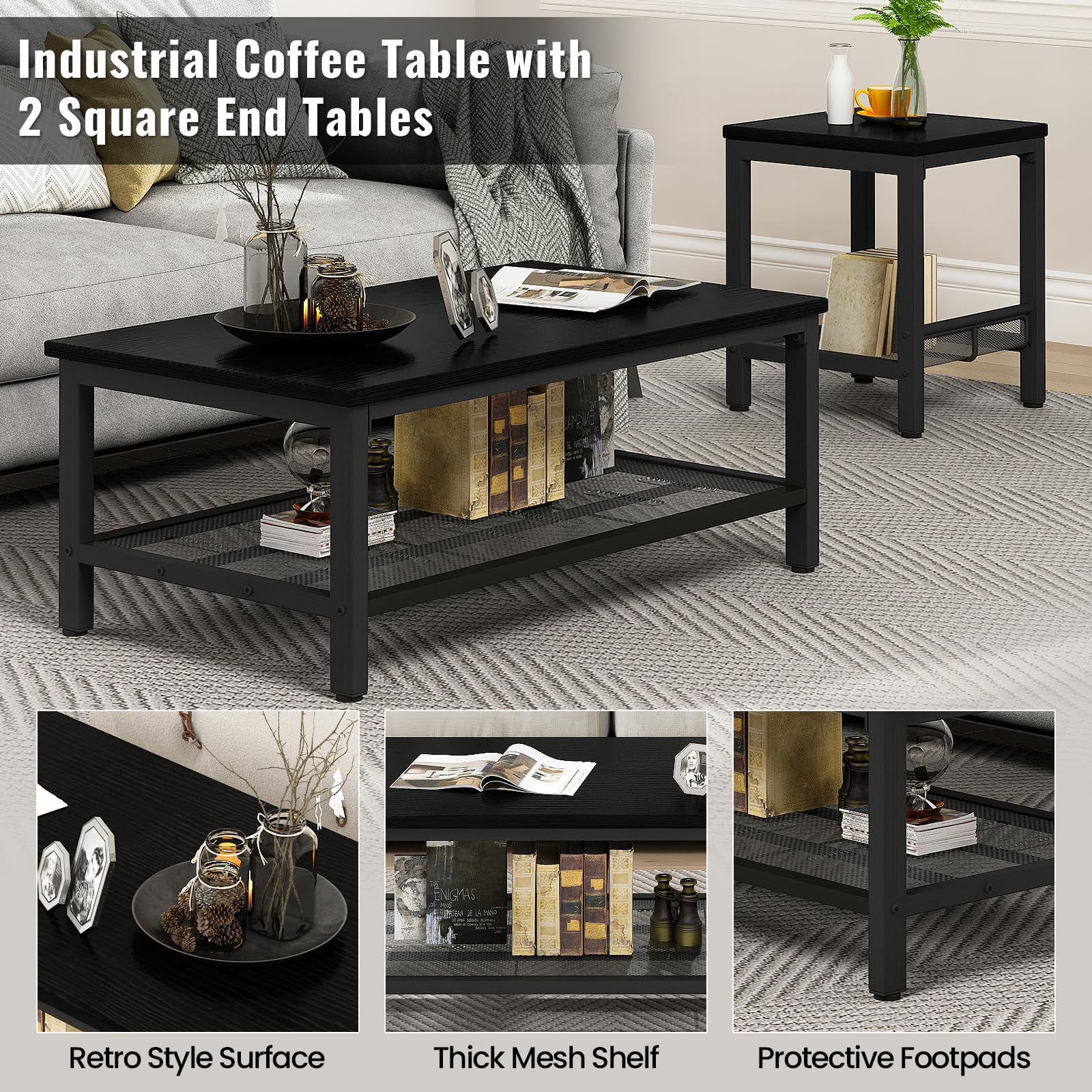 Cvortll Coffee Table Sets 3-Pieces, Modern Wood Coffee Table with 2 Square End Side Tables, Large Sturdy Living Room Table Set for Apartment Home Office, Black