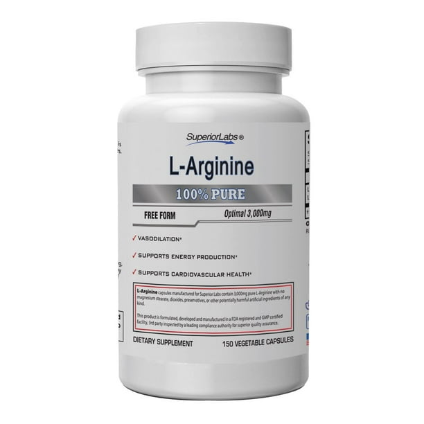 Superior Labs Pure LArginine Free Form Optimal 3,000mg Dosage 150 Vegetable Capsules