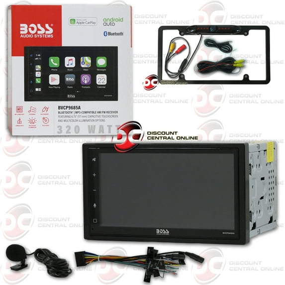 BOSS Audio BVCP9685A Apple Carplay Android Auto 2-DIN 6.75 LCD Touchscreen Monitor, Bluetooth, MP3 Player, USB Port with DiscountCentralOnline Full License plate Night vision Waterproof back-up camera