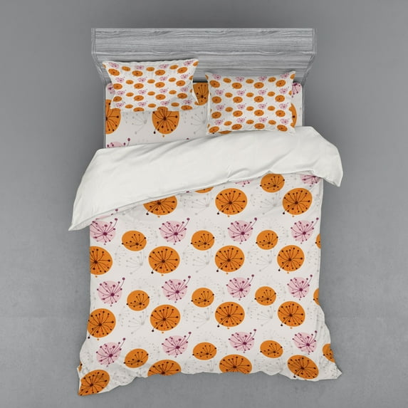 Abstract Duvet Cover Set, Graphic Floral Motif on Pink and Orange Spots Nature Inspired Ornament, Bedding Set with Shams and Fitted Sheet, 3 Sizes, by Ambesonne