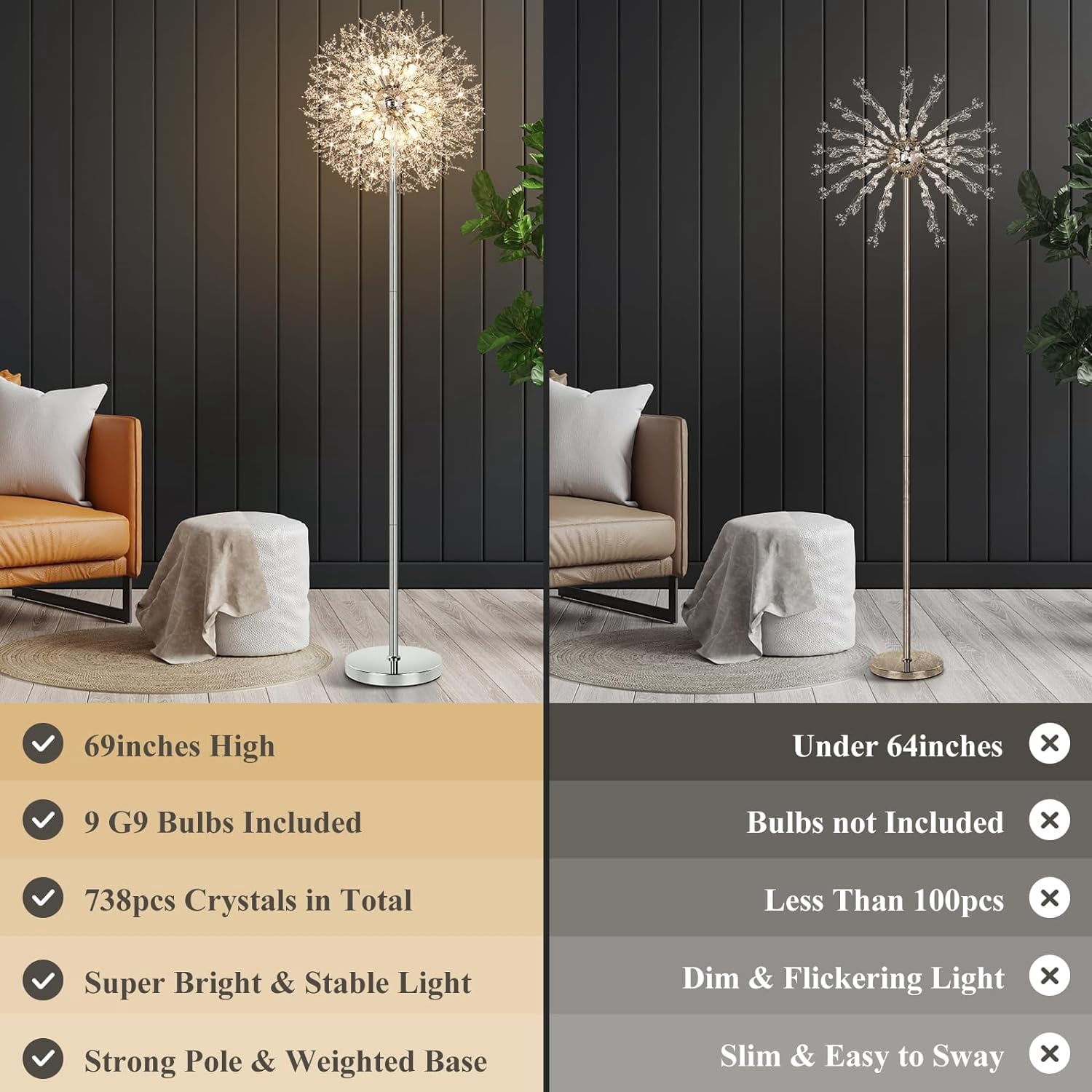 Nordic Hygge 69'' Crystal Floor Lamp for Living Room, Chrome