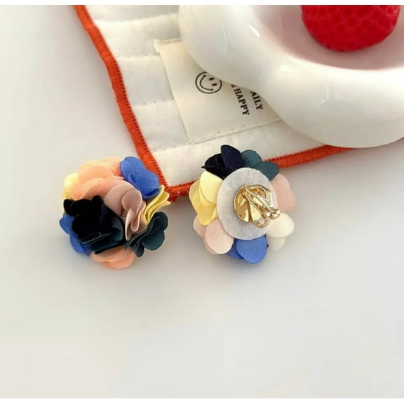 Clip on 1 1/2" gold and blue multi colored satin fabric flower earrings