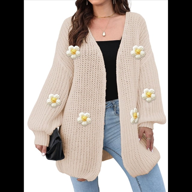 Suéteres Femeninos con Cuello en V, Larga, Estampado Floral, de Punto Abierto, Sin Botones, de Moda, para Exteriores. Albaricoque Talla Única