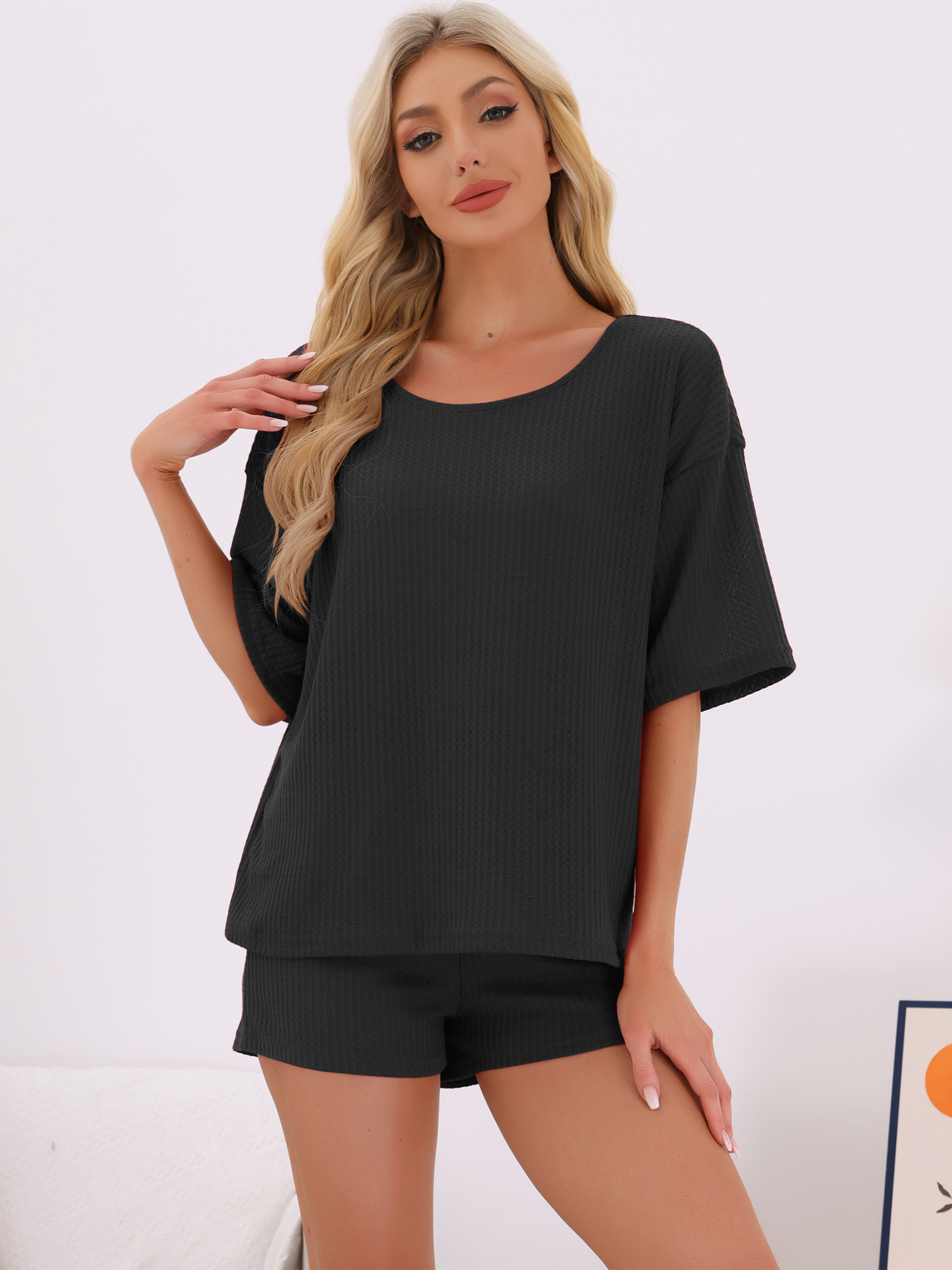 DARING DIVA Waffle Knit Pajama Loungewear 2 Pieces Lounge Sets XL Black