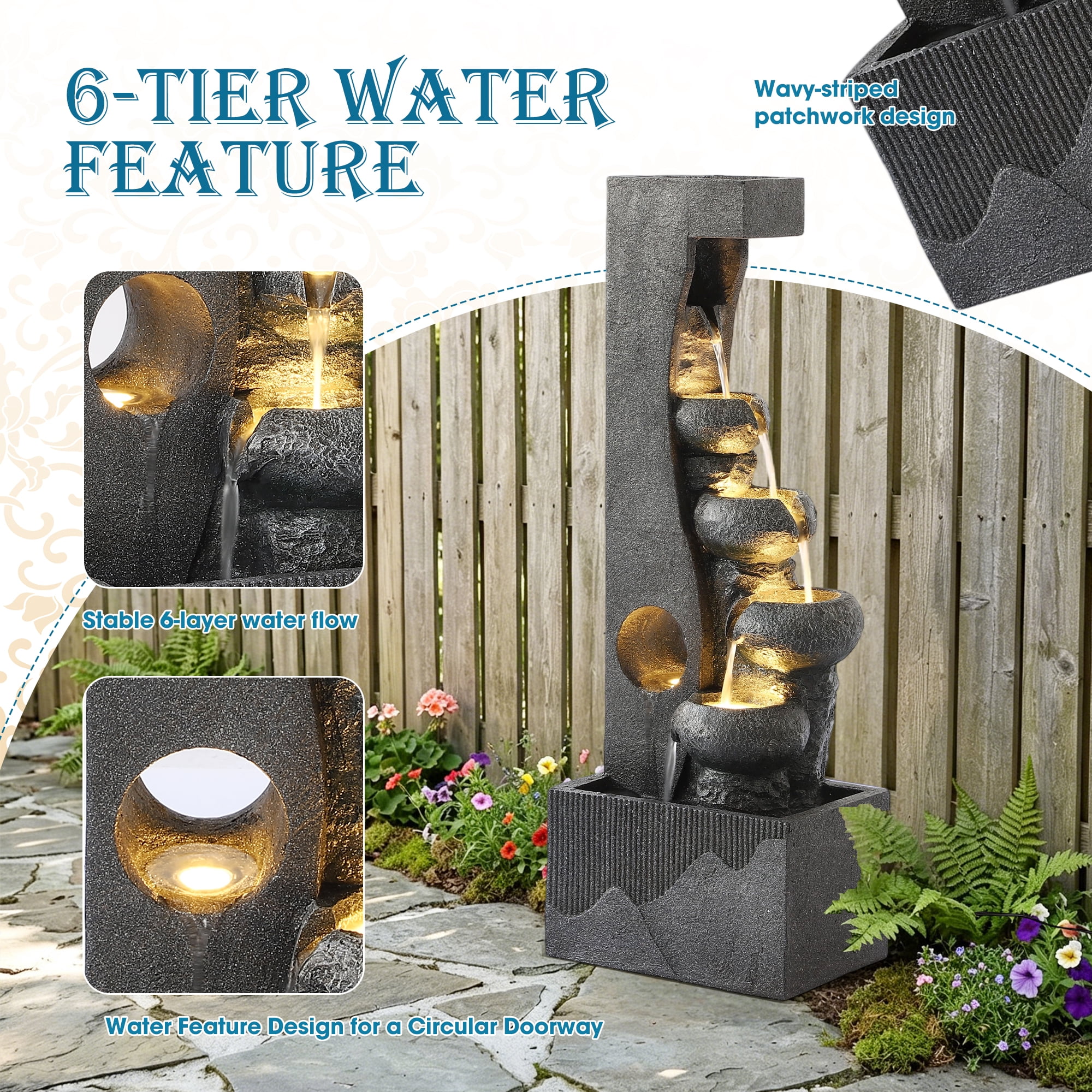 Haverchair 40" H Cascading Rock Water Fountain, 6-Tier Outdoor Garden Waterfall with with Flower Pot and Lights, Indoor Water Feature Fountain for Garden, Patio, Backyard, Porch and Home Art Decor