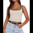 thumbnail image 2 of Camiseta de Tirantes Finos Ajustada con Cuello Cuadrado Acanalado de Verano para Mujer, Color Albaricoque L, 2 of 10
