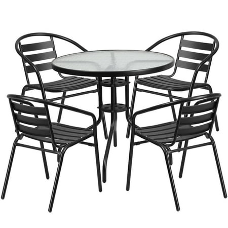 Patio Furniture Perth Australia Flash Furniture 31.5'' Round Glass Metal Table with 4 Black Metal Aluminum Slat Stack Chairs ()