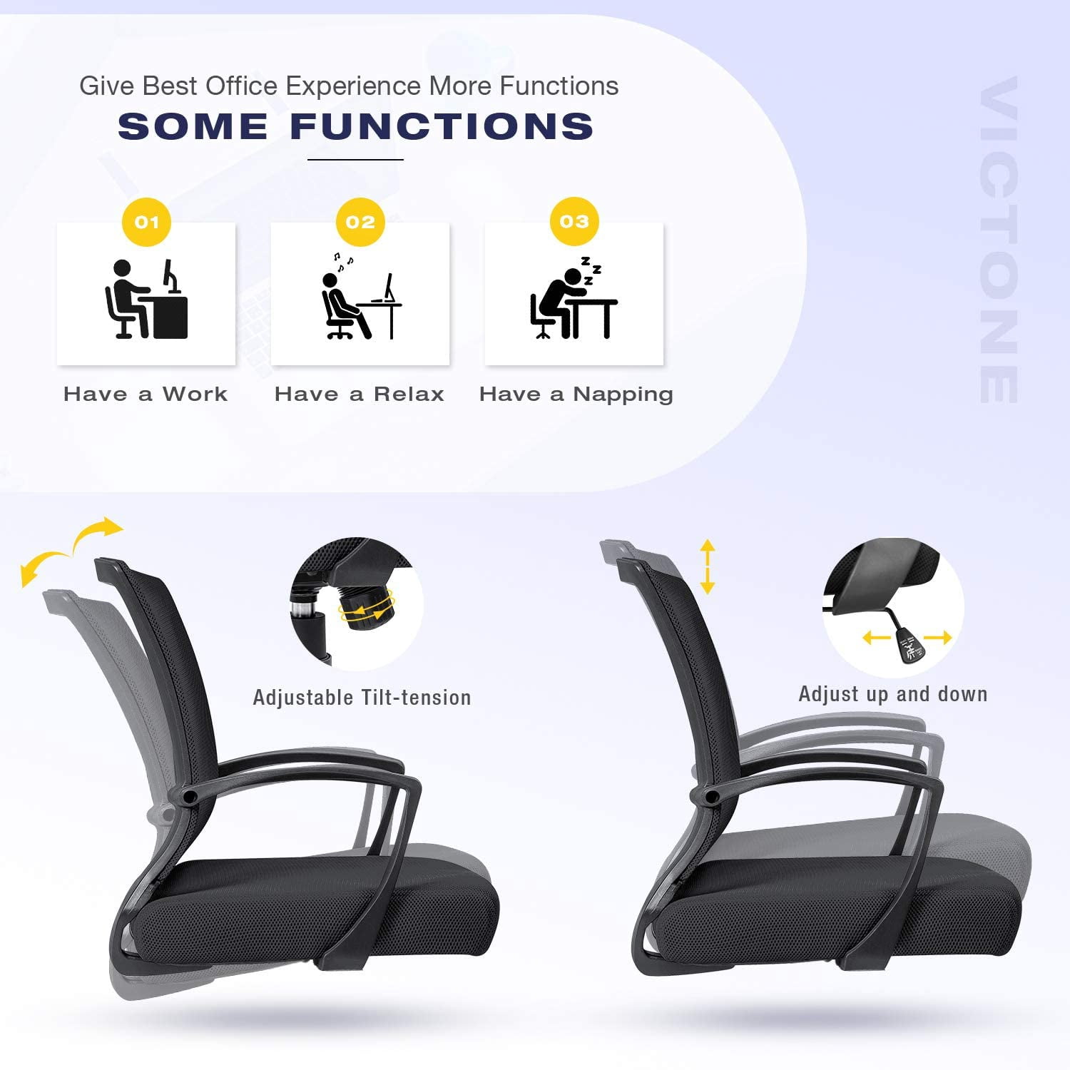 VICTONE Home Office Desk Chair Task Mid Back Mesh Office Chair Ergonomic Swivel Lumbar Support Desk Computer Chair (Black)