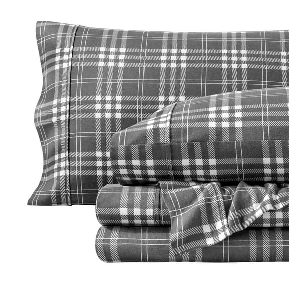 Bare Home Luxury 100% Cotton Flannel Queen Sheet Set, Deep Pocket, 4-Piece, Stirling Plaid - Gray/White