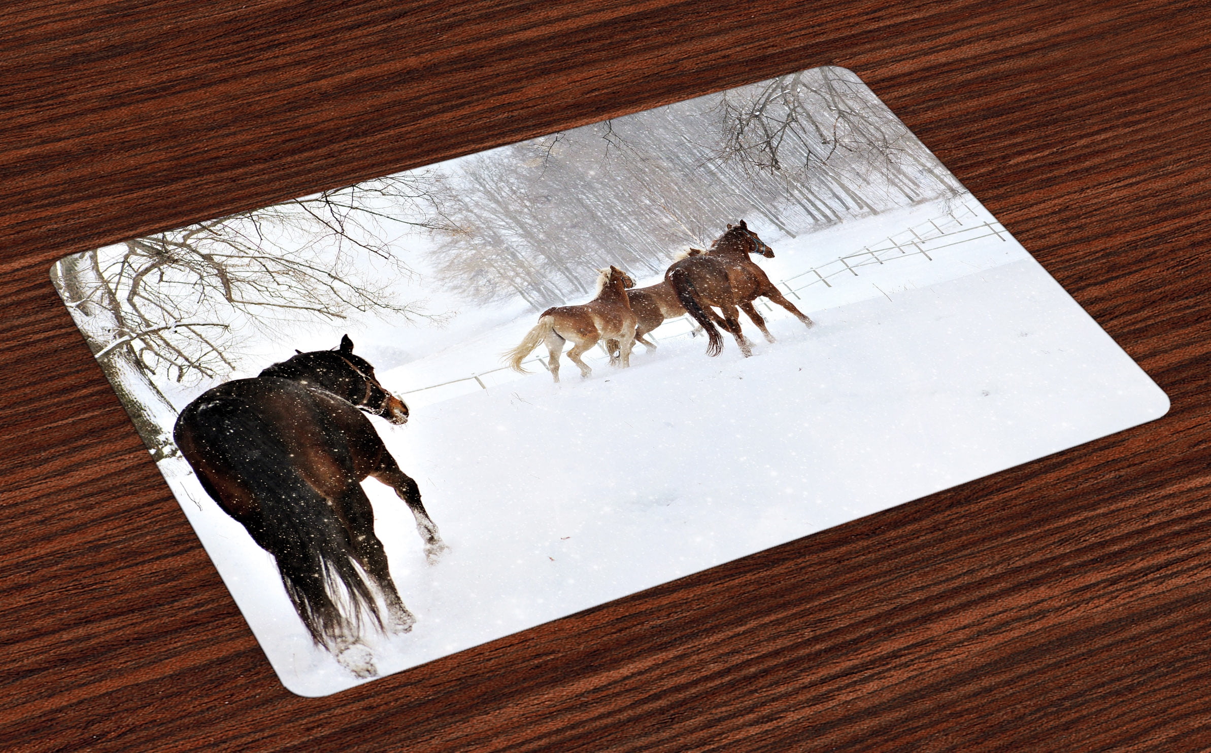 Winter Placemats Set of 4 Horses in the Snow Playing Having Fun in the