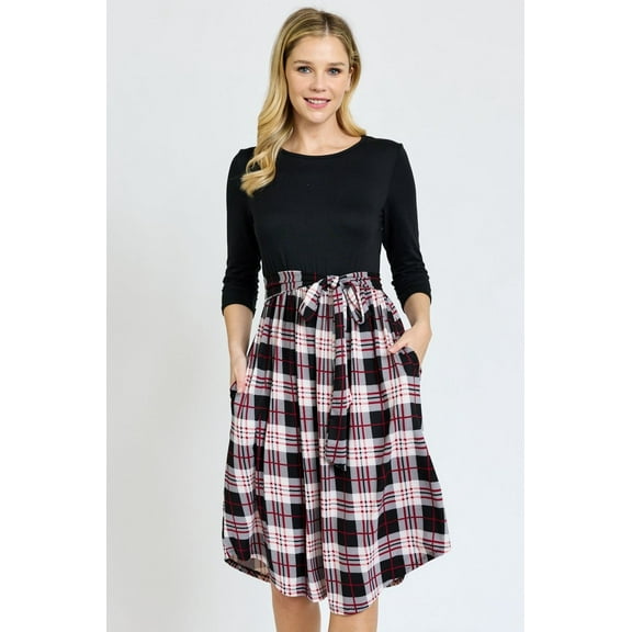 Black Contrast 3/4 Sleeve Plaid Sash Midi Dress | S-XL