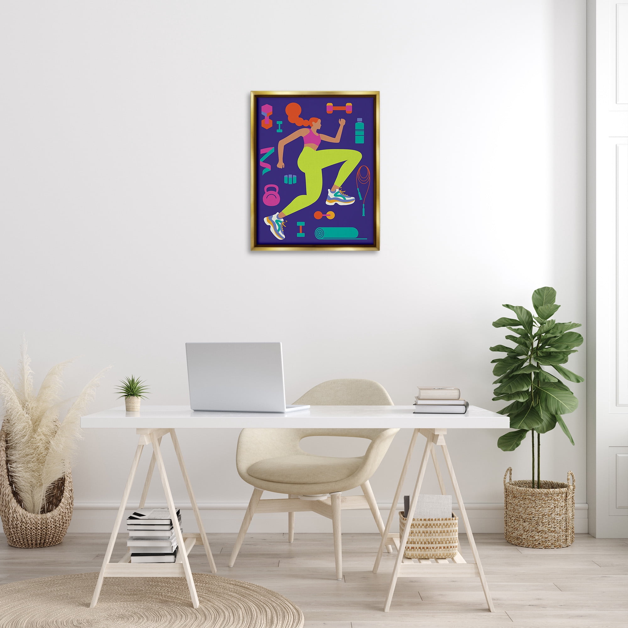 Stupell Industries Woman with Fitness Weights Sports Painting Gold Floater Framed Canvas Art Print Wall Art, 25 x 31