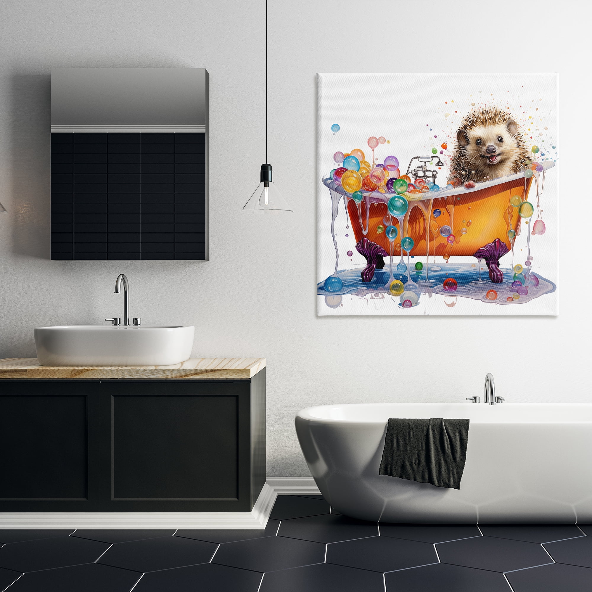 Stupell Industries Happy Hedgehog Bubble Bath Bath & Laundry Painting Wrapped Canvas Art Print Wall Art, 36 x 36