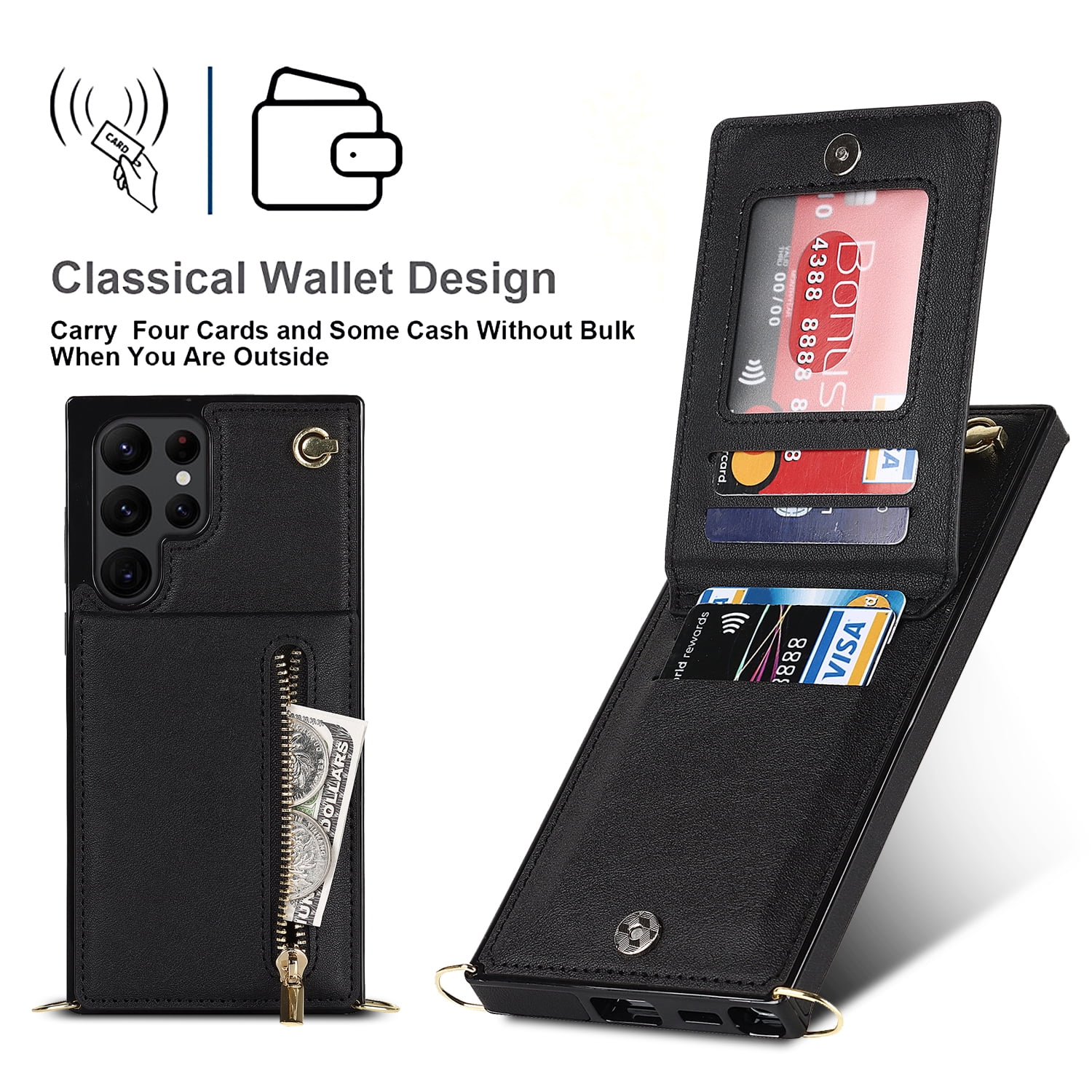 Dteck Flip Leather Wallet Case for Samsung Galaxy S24 Ultra, Crossbody Wallet Case with Credit Card Holder Zipper Pocket Lanyard Shoulder Strap, Kickstand Phone Cover for Samsung S24 Ultra,Black