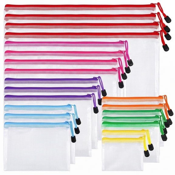 24 Pack Mesh Zipper Pouch Bags, 8 Sizes Clear Storage Bags, Waterproof Document Organizer for Board Games, Puzzles, Office & School Supplies