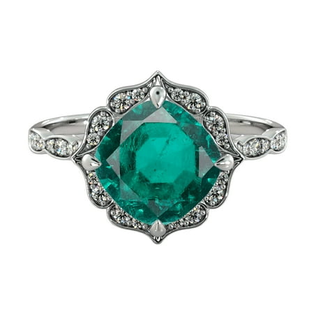 - 14K White Gold 3.25 ctw Lab Created Green Emerald Stone Ring with Diamonds Flower Leaves Halo