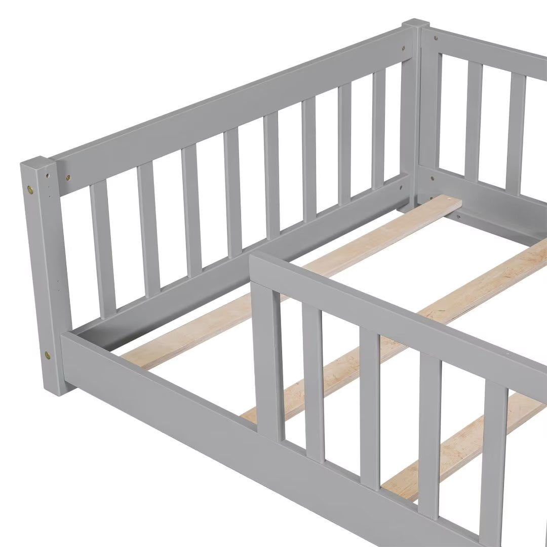 Triple Tree Kids Twin Pine Wood Floor Bed with Fence, Gray/White
