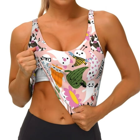 Qokaie Cartoon Halloween Pattern Womens Scoop Neck Sports Bra Breathable Workout Vest Padded U Back Medium Impact Fitness Gym Yoga Bra Workout Crop Top