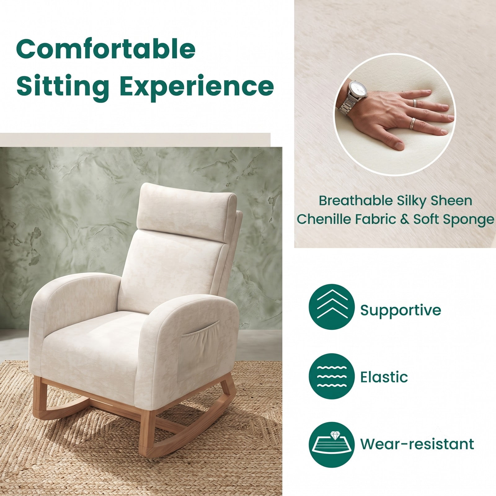 Furnibear Nursery Rocking Chair, Upholstered Chenille Rocker Armchair with Rubber Wood Frame, Ergonomic Glider Chair with Side Pocket for Living Room Bedroom, Beige
