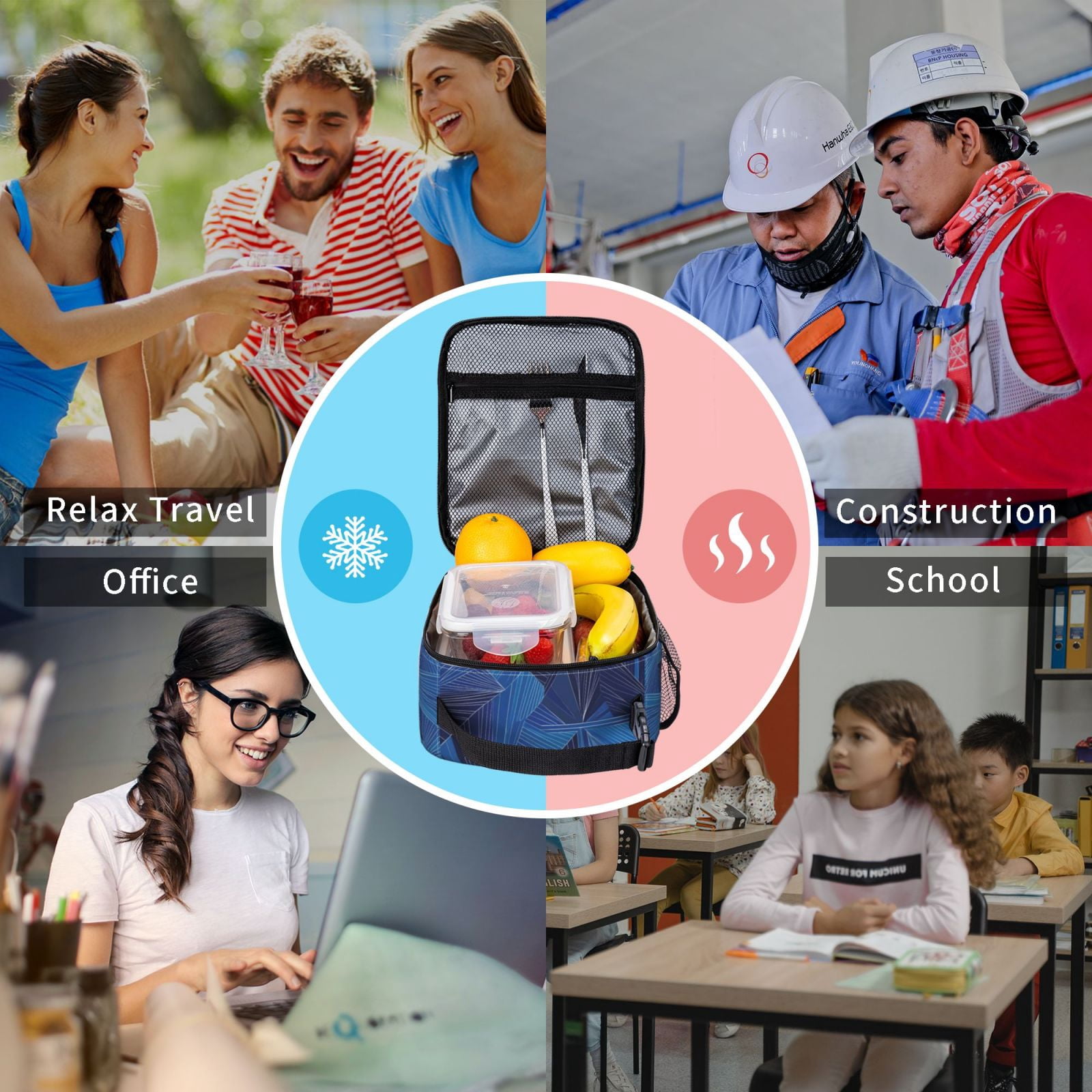 Lunch Bag For Women Men Insulated Portable Lunch Box Bento Box Office Picnic Travel Cooler Bag Blue Geometric Lines_2