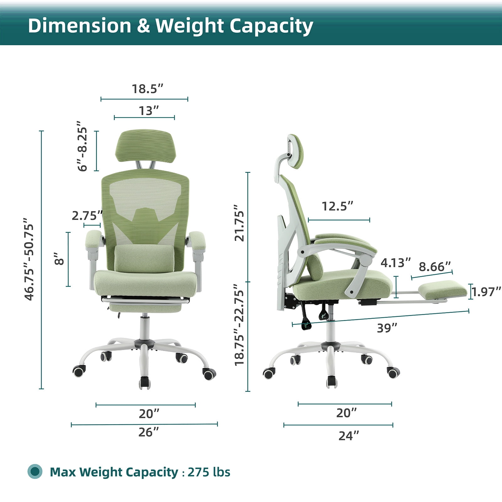 GIANNA Ergonomic Office Chair - High Back Mesh, Reclining with Lumbar Support, Adjustable Headrest, Footrest & Padded Arms, Green