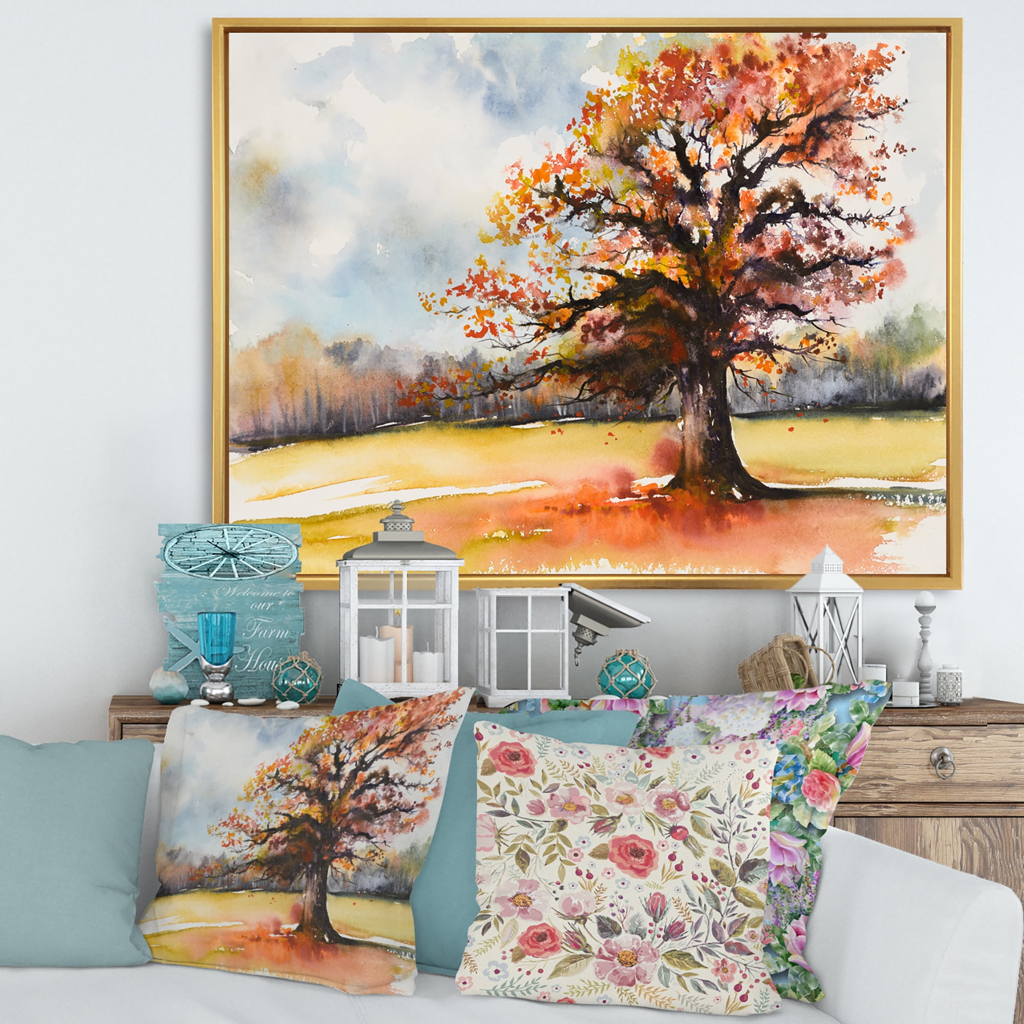 Designart 'Lone Oak Tree In The Fields With Autum Leaves' Traditional Framed Canvas Wall Art Print