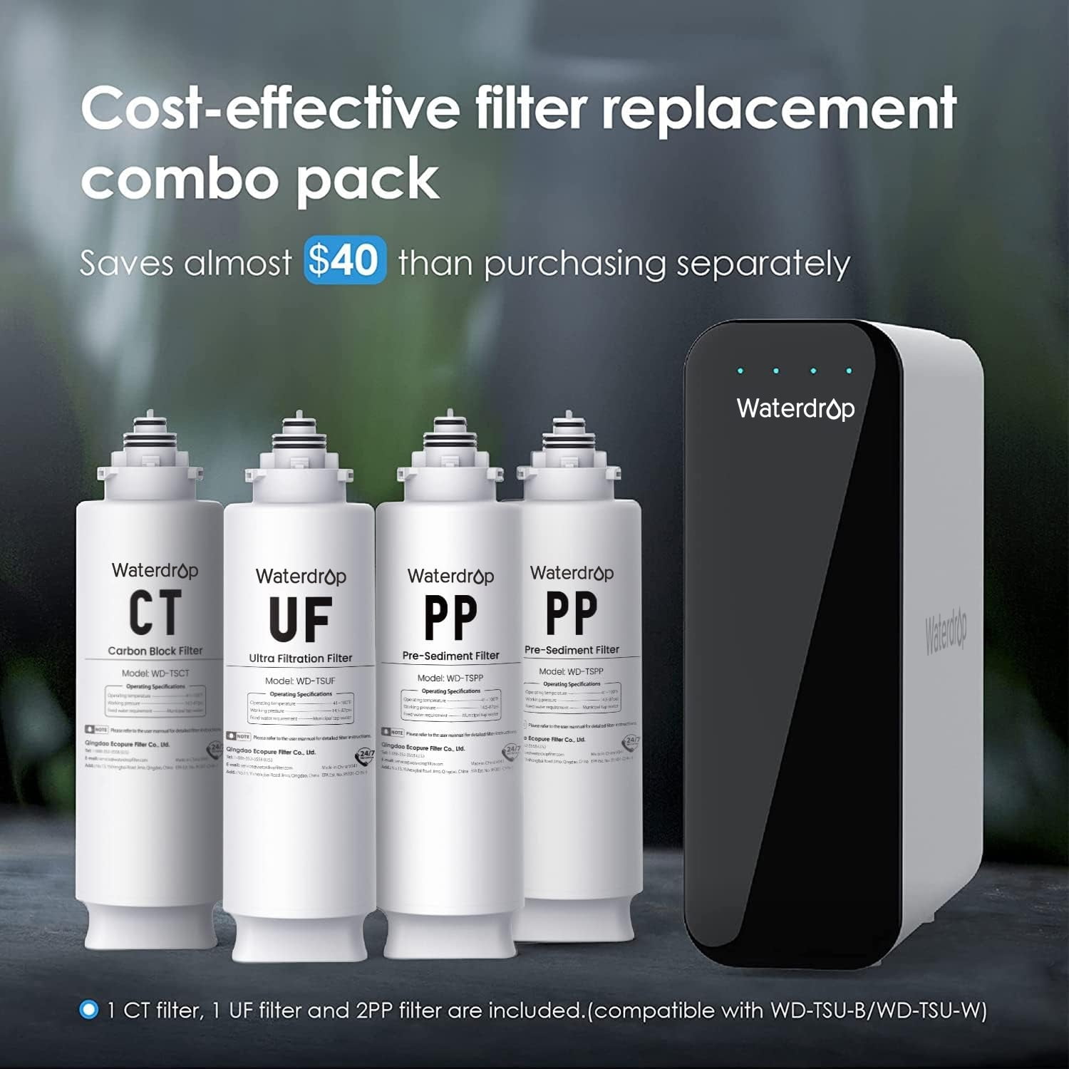 Waterdrop 2TSPP, TSUF, TSCT Under Sink Water Filter, Replacement for Waterdrop TSU Ultra-Filtration Under Sink Water Filter System