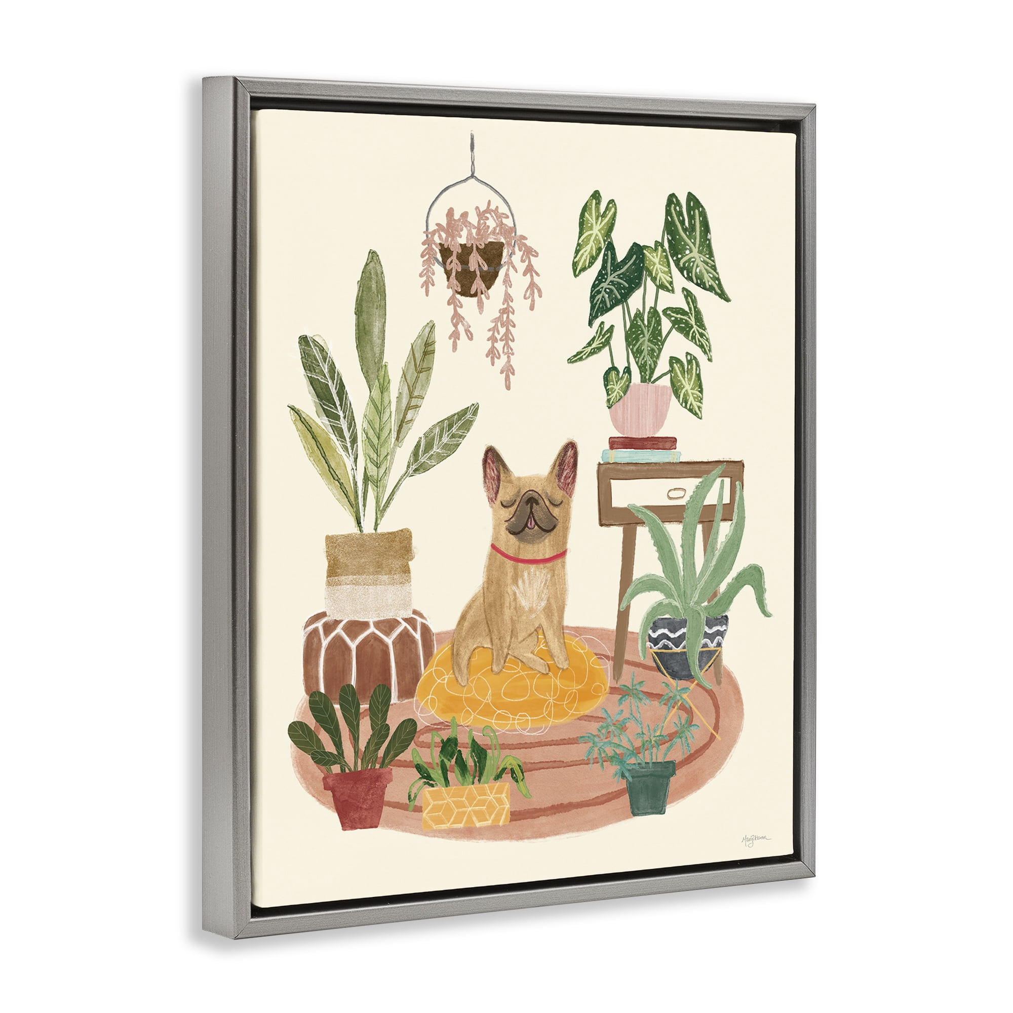 Stupell Industries Pug Dog with Plants Animals & Insects Painting Gray Floater Framed Canvas Art Print Wall Art, 25 x 31