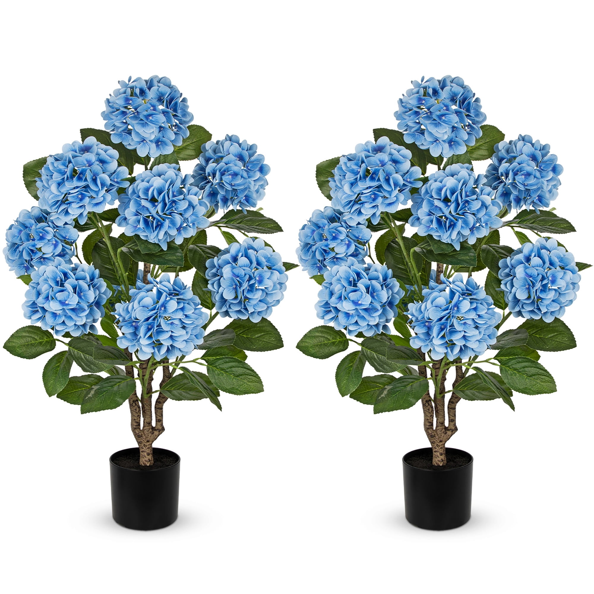Briful 3ft Blue Hydrangea Artificial Flowers Tree 2 Pcs Faux Hydrangea Plants Potted Large Real Touch Silk Fake Flower s in Black Pot for Home Indoor Outdoor Front Porch Garden Decor
