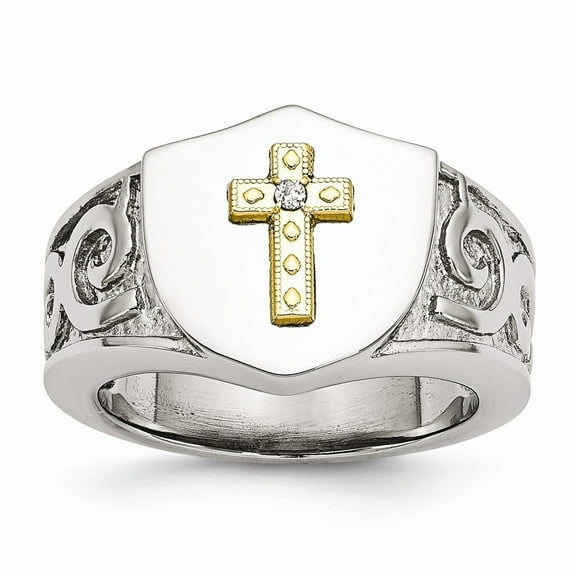 Stainless Steel With 10k Gold Cross and .02ct Diamond Polished Ring - .02 dwt - Size 10