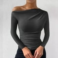 thumbnail image 4 of hotojiny Tops for Women Going out off Shoulder Long Sleeve Solid Color T-Shirt Slim Stretchy Shirt Fall, 4 of 5