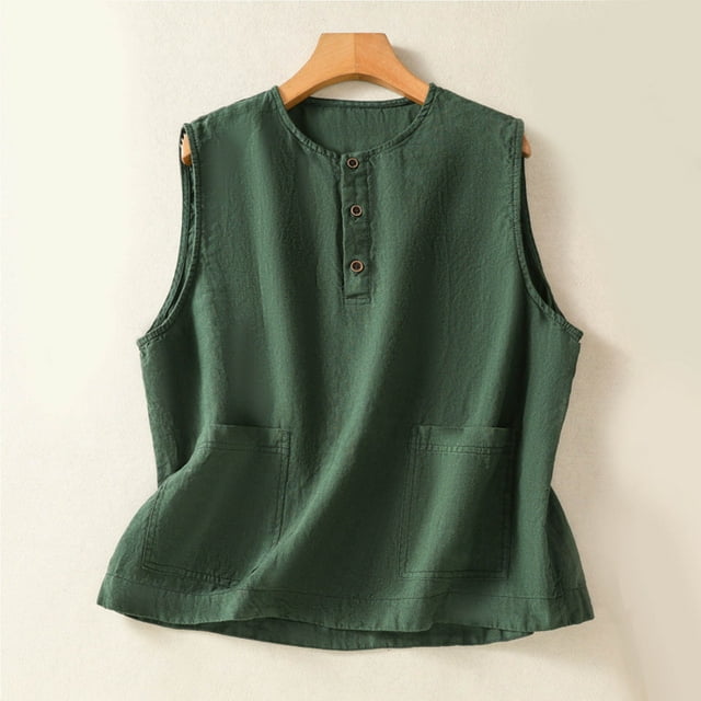 Nuoqisi Gilet Sans Manches en Lin à Col Rond pour Femmes, Rétro, Uni, avec Boutons et Poches - Pièce Superposée Décontractée au Charme Vintage pour l'Été, Style Bohème