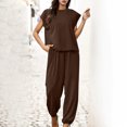 thumbnail image 2 of Penkiiy Womens Summer Cotton Linen 2 Piece Outfits Crewneck Half Sleeve Long Pants Jumpsuit Se XL Coffee, 2 of 6