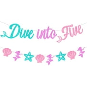Mermaid 5th Birthday Decorations, Dive Into Five Banner, Mermaid Birthday Banner Kit, Under the Sea Ocean 5 Years Old Birthday Party Supplies for Girls Party Baby Shower