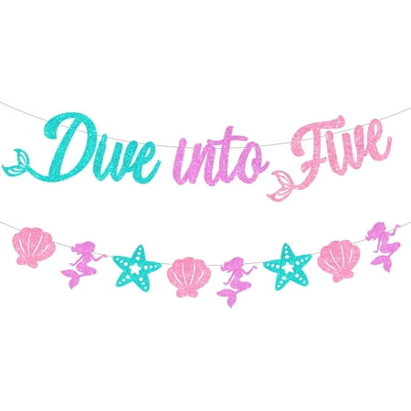 Mermaid 5th Birthday Decorations, Dive Into Five Banner, Mermaid Birthday Banner Kit, Under the Sea Ocean 5 Years Old Birthday Party Supplies for Girls Party Baby Shower