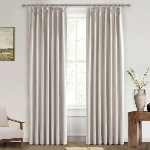 Natural Linen Pinch Pleated Blackout Curtains Drapes 96 Inch Long Bedroom/Livingroom Farmhouse Curtains 2 Panel Sets Neutral Track Room Darkening Thermal Insulated 8ft Back Tab Window Curtain