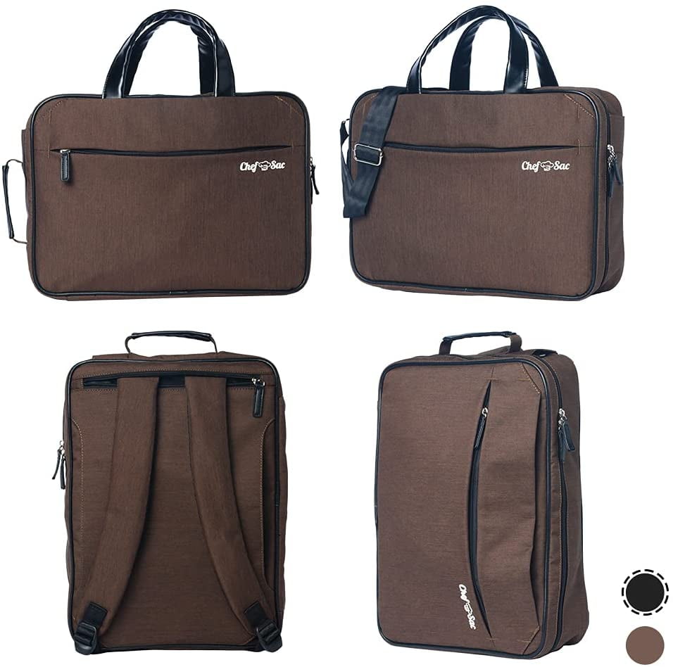 Chef Knife Convertible Backpack| Transforms to Messenger Bag to Shoulder Sling Crossbody Bag | 21+ Pockets Pockets for Knives & Kitchen Utensils | 3 Large Pockets for Laptops Tablet & Notebook (Brown)