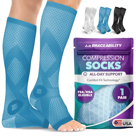 BraceAbility Open Toe Knee High Compression Socks 20-30 mmHg for Circulation Support, S, Teal, 1 Pair