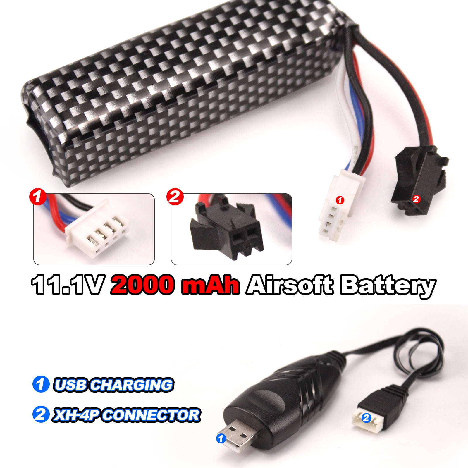 11.1V 2000mAh Airsoft LiPo Battery with USB Charger, 25C High-Discharge Rate SM & XH-4P Connectors  for Gel Ball Blasters