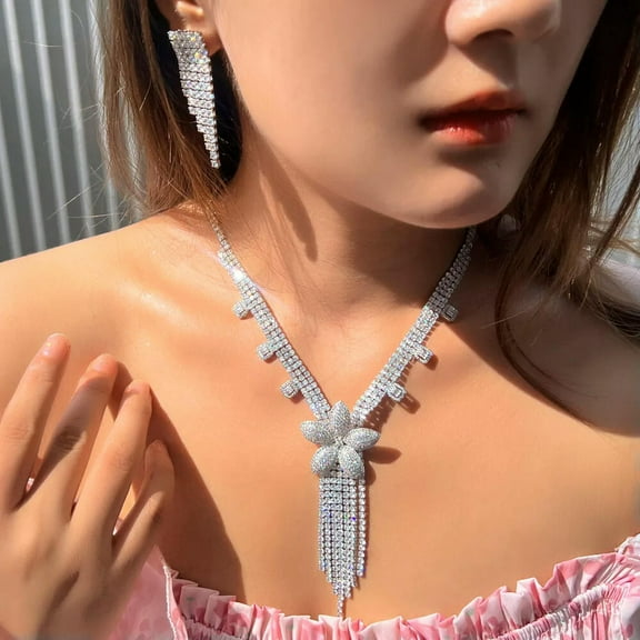 CZ Long Flower Round Tassel Pageant Necklace Earrings Silver Plated Jewelry Set