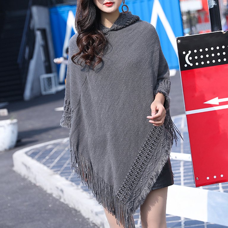 Autumn winter Women Faux Wool Hooded Cape Cloak Long Gown Poncho Shawl  Thermal