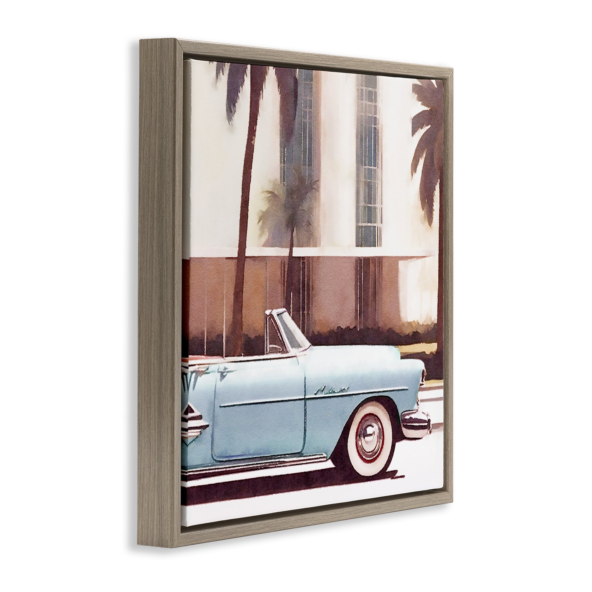 Stupell Industries Tropical Scene Classic Car Transportation Painting Brown Floater Framed Canvas Art Print Wall Art, 18 x 18