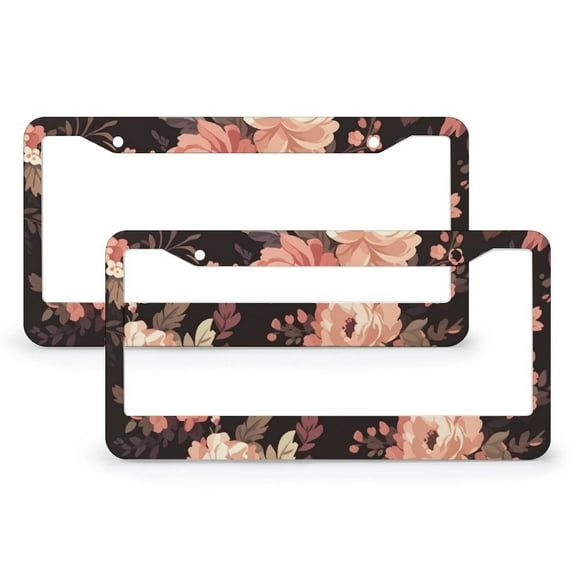 Simple Classic Black Floral License Plate Cover 2 Pieces Fabulous Flowers Spring Car Front License Plate Frame for Men/Women 2 Round Holes Metal License Plate Frames