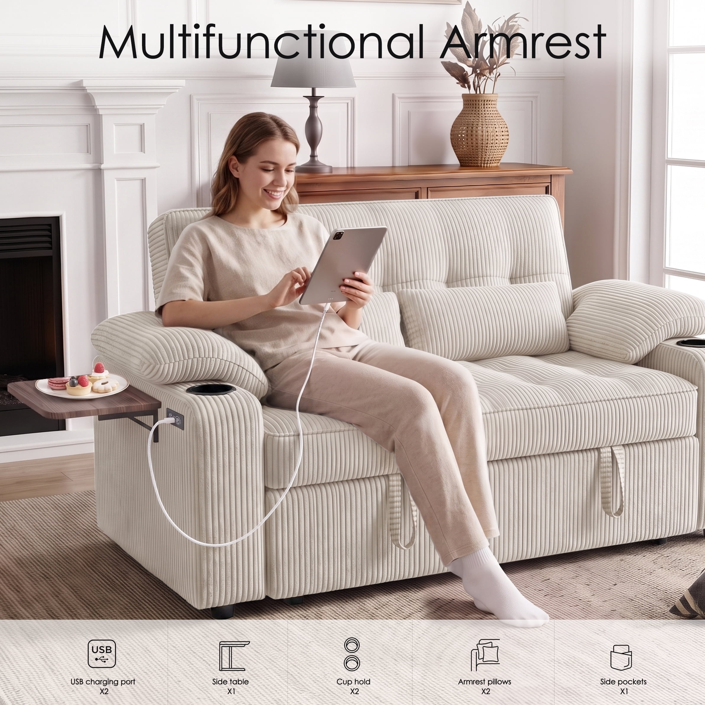58" Convertible Sleeper Sofa Bed, Full Size Pull Out Couch with USB Charging, Cup Holders, Side Table, Adjustable Backrest, Corduroy Loveseat for Living Room, Apartment, Office (Beige)