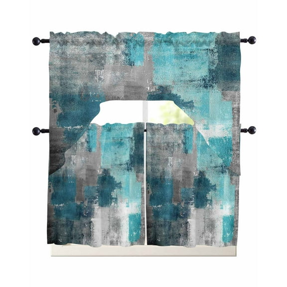 Turquoise Grey Painting Kitchen Curtains Swag Valance and Tier Curtains Set 24 Inch Length, Abstract Street Smear Art Modern Rod Pocket Drape Panels Pair Swag Curtain for Bathroom/Cafe/Window