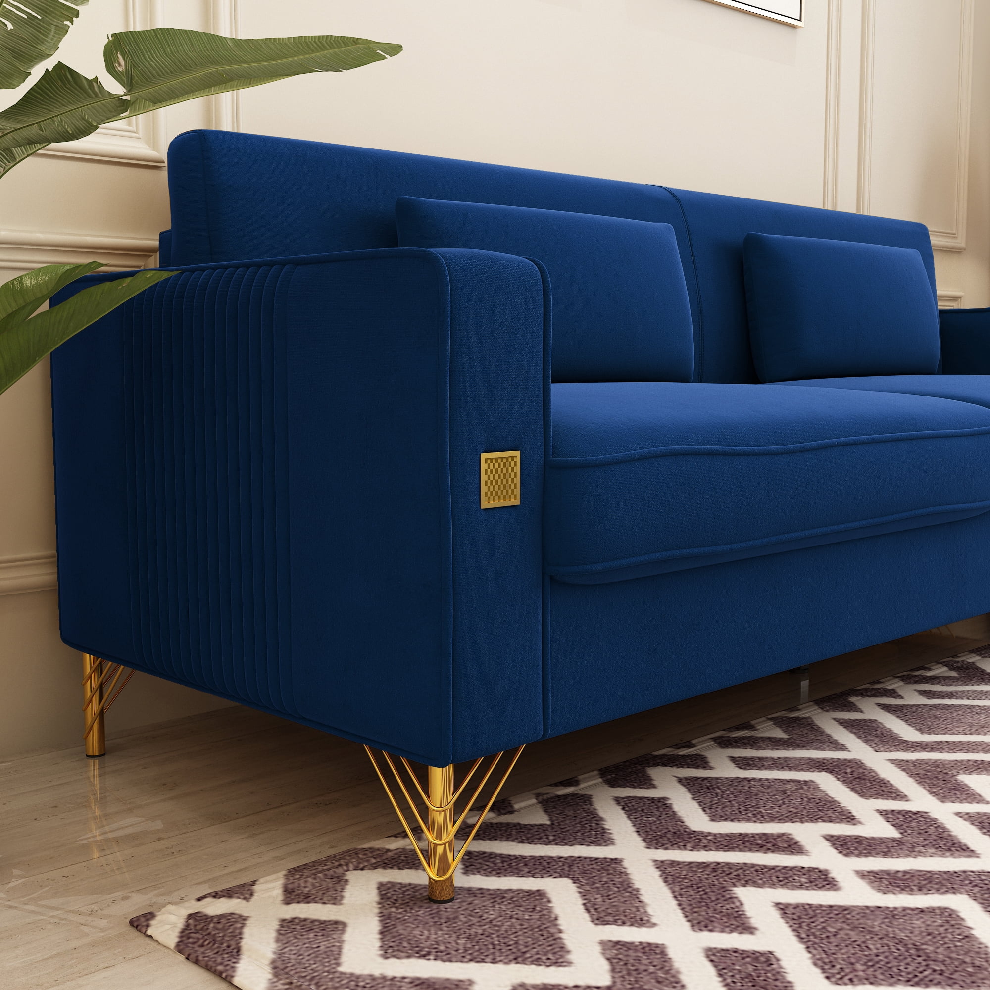 Modern Velvet Upholstered Sofa Couch with Pillows Removable Cushions and Gold Metal Legs for Living Room Office Apartment
