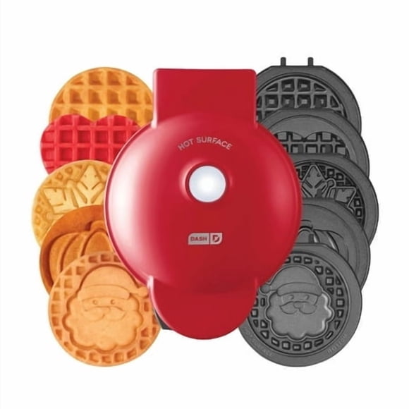 Dash Holiday Multimaker Mini System - Waffle Maker With Six 4 Removable Holiday Plates: Waffle Iron & Griddle, 4-In-1 Mini Waffle Maker For Kids And Families - Nonstick Surface, Santa Waffle (Red)