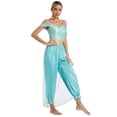 thumbnail image 2 of TiaoBug Womens Shiny Sequins Off Shoulder Jumpsuit with Choker Flowy Tassel Rompers One Piece Outfits Turquoise S, 2 of 6